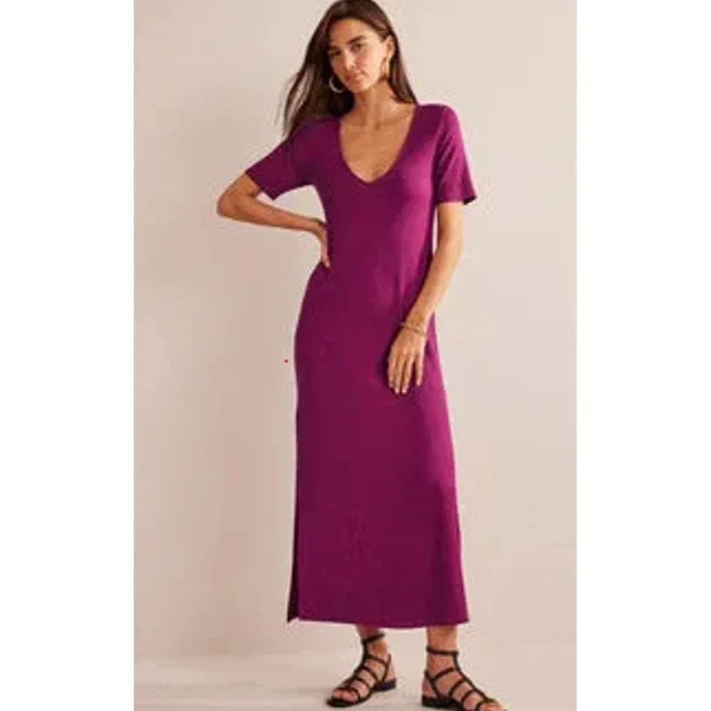 Boden Rib Jersey Midi T-Shirt Dress Short Sleeve V-Neck Side Slits Purple US 6P